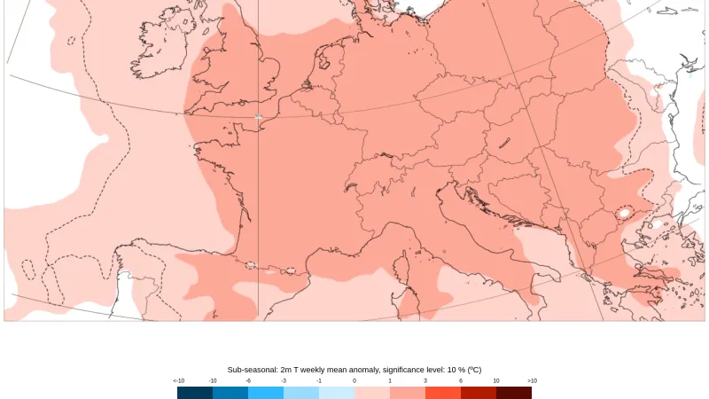 Očekáváná odchylka teploty vzduchu od dlouhodobého průměru pro příští týden podle Evropského centra pro střednědobou předpověď