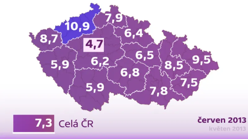 Mapa nezaměstnanosti v krajích ČR