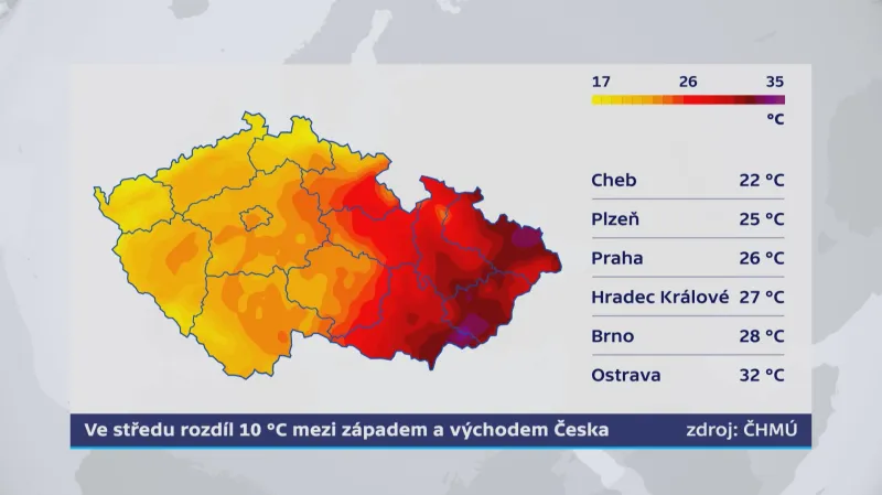 Ve středu budou velké rozdíly mezi východem a západem