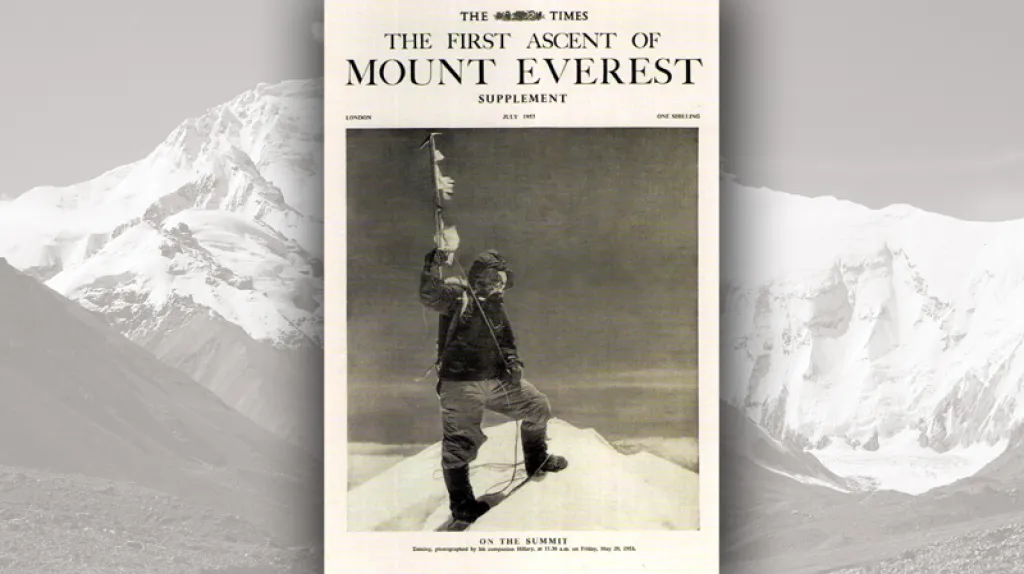 Tenzing na vrcholu Everestu.