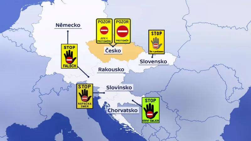 Zvažovaný návrh značky varující před jízdou v protisměru na dálnici