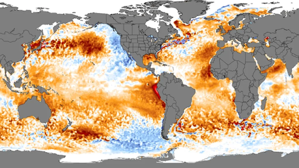 Odchylky teploty oceánů od dlouhodobého průměru
