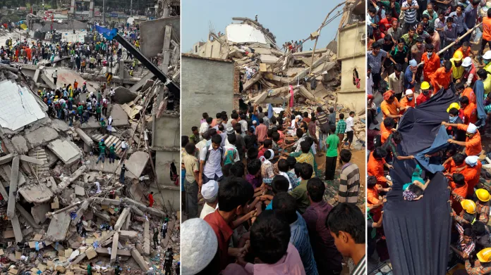 Záchranářské práce po zřícení budovy v Bangladéši