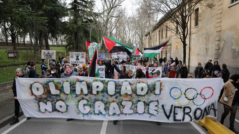 Protest proti zimní olympiádě v italské Veroně (22. února 2026)