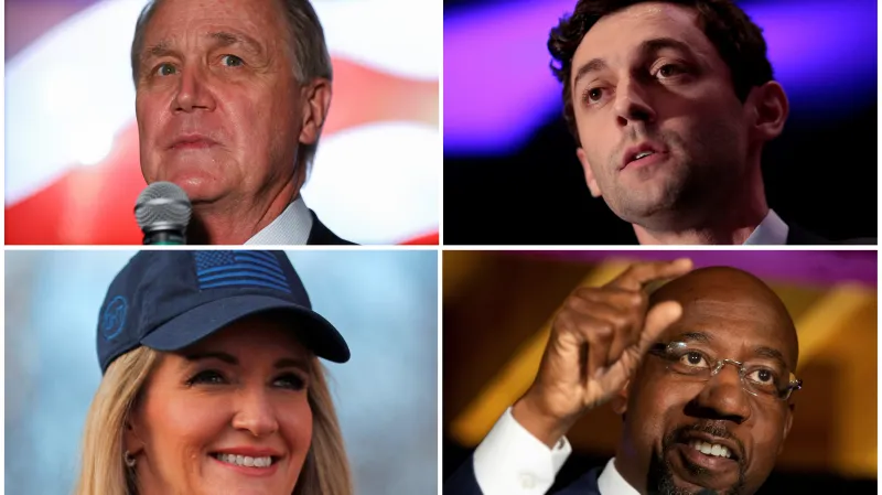Republikáni Perdue a Loefflerová (vlevo) a demokraté Ossoff a Warnock (vpravo)