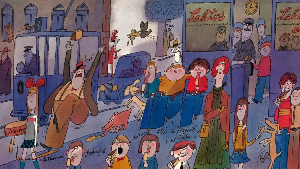 Ilustrace Adolfa Borna ze série knih Vojtěcha Steklače Boříkovy lapálie