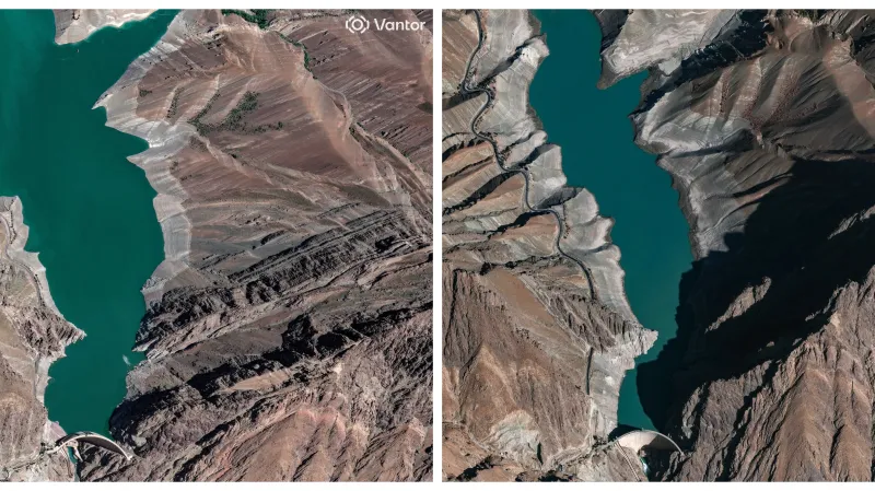 Satelitní snímky přehrady Amír Kabír, porovnání stavu vody z 1. května a 8. listopadu letošního roku