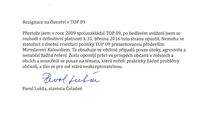 Rezignační dopis Pavola Lukši