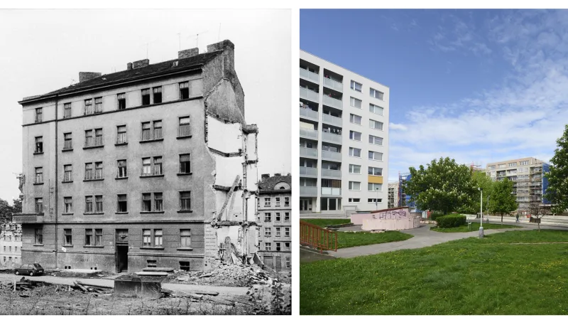 Křížení ulic Kaplířova a Žerotínova (80. léta a 2018)