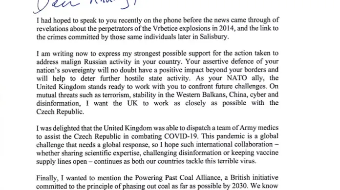 Dopis britského premiéra Borise Johnsona jeho českému protějšku Andreji Babišovi