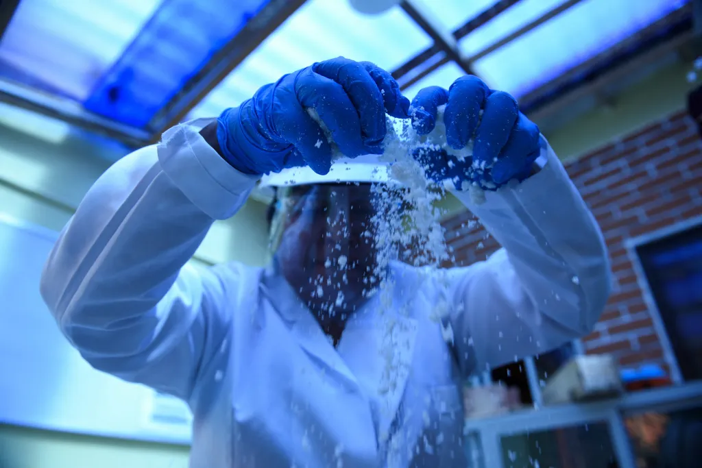 Chemička vyhodnocuje proces sušení pracího prostředku vyrobeného z recyklovaných olejů