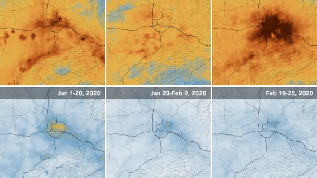 Rozdíl emisí oxidu dusičitého v lednu a únoru 2019 a 2020 v oblasti města Wu-chan