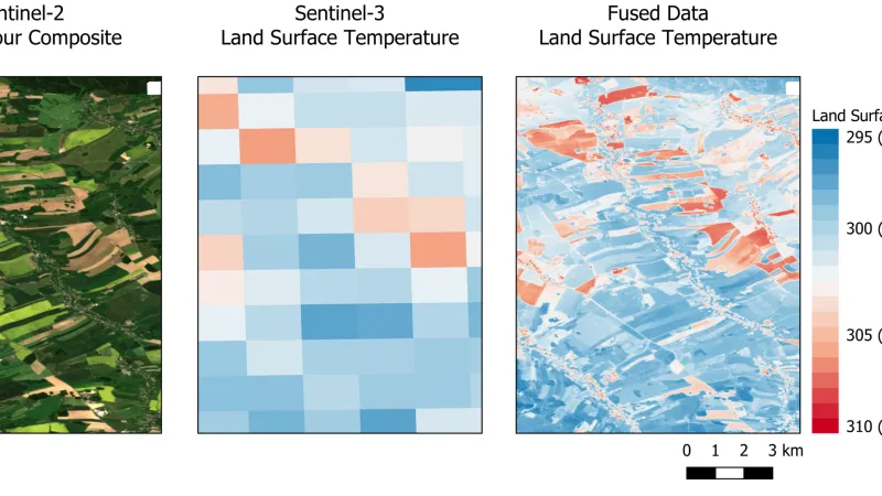 Snímek povrchu země z družice Sentinel-2 (vpravo, reálné barvy, rozlišení 20 metrů), Sentinel-3 (uprostřed, teplota povrchu, rozlišení 1 kilometr) a upravená informace z obou přístrojů (vpravo) ukazující podrobnou informaci o teplotě povrchu s rozlišením 20 metrů.