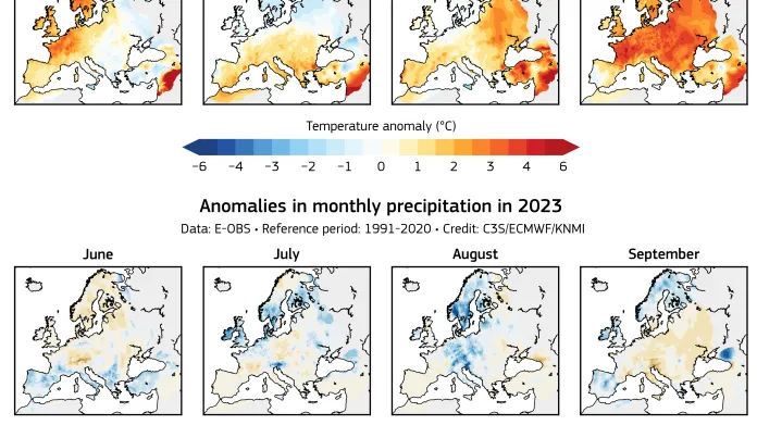 Rozdíl v teplotách a srážkách v Evropě roku 2023