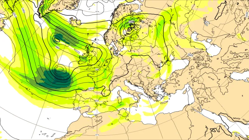 Vývoj tlakové níže Ciarán nad Atlantikem – středeční poledne