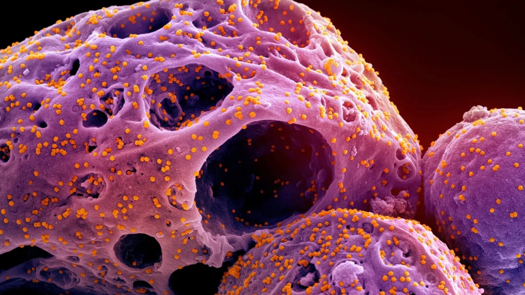 Buňky infikované virem SARS-CoV-2 (oranžová barva), izolované ze vzorku pacienta