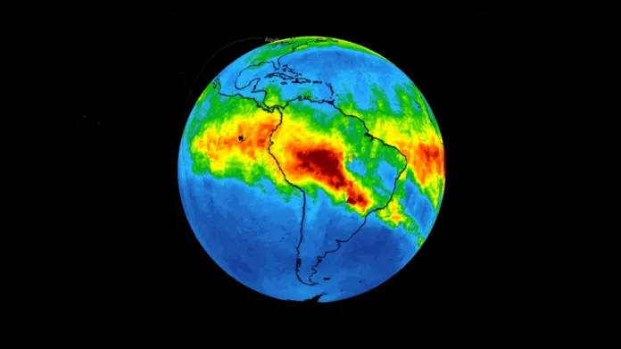 Satelitní snímek NASA mraku oxidu uhličitého nad Jižní Amerikou