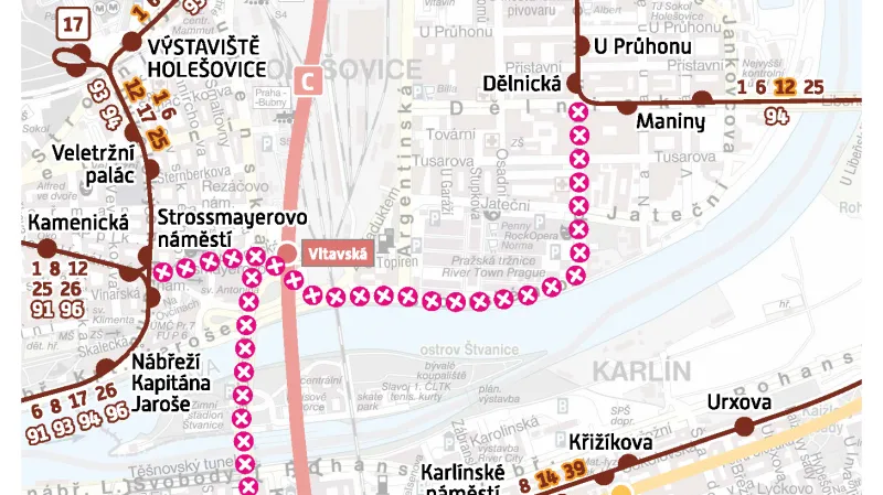 Schéma provozu tramvají po dobu uzavření mostu