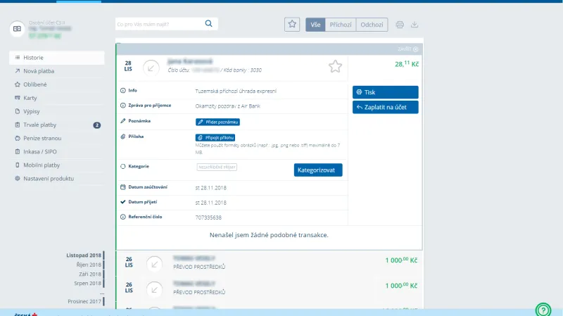 Příchozích 28,11 Kč na účet ČS