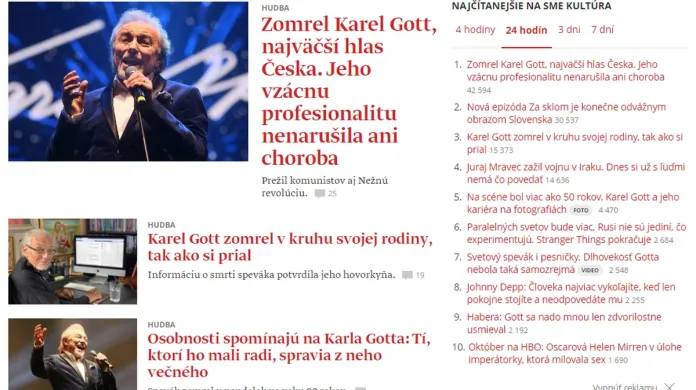 Informace o úmrtí Karla Gotta na slovenském serveru Sme.sk