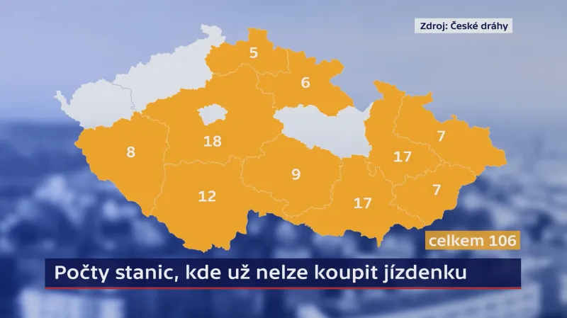 Počty stanic, kde už nelze koupit jízdenku (2. 12. 2019)