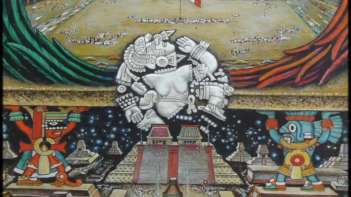 Tenochtitlan po dobytí a před ním, obraz Roberta Cueva Del Río