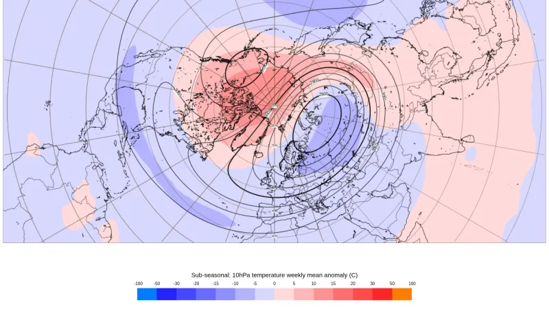 Očekávaná odchylka teploty vzduchu ve výšce kolem 30 kilometrů v týdnu od 24. do 30. listopadu ukazuje teplejší vzduch hlavně v oblasti severní Kanady