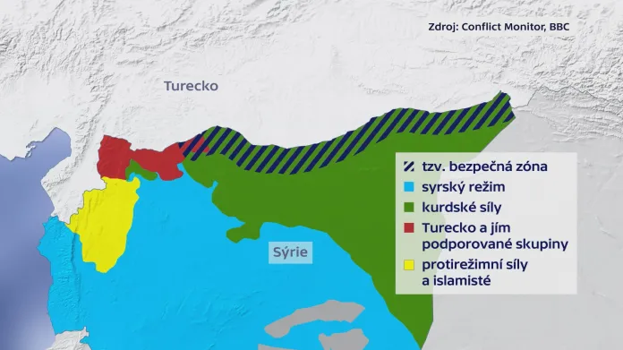 Šrafovaně vyznačena oblast v Sýrii, kterou chtějí dostat pod kontrolu Turci