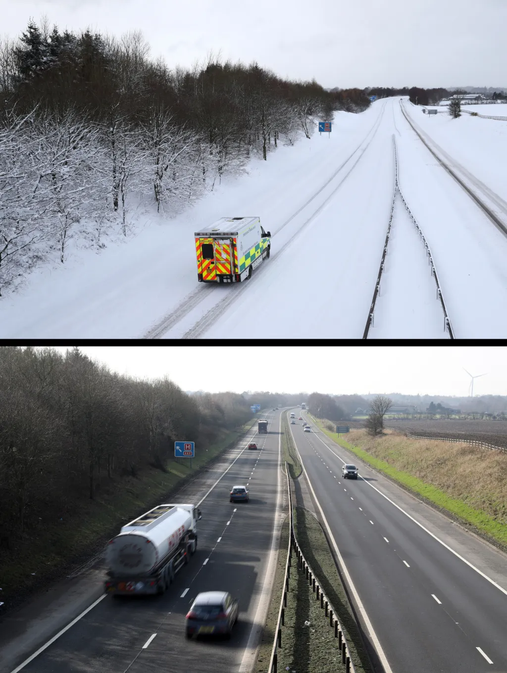 Počasí v Británii koncem února 2018 a koncem února 2019. Silnice M876 ve Skotsku.