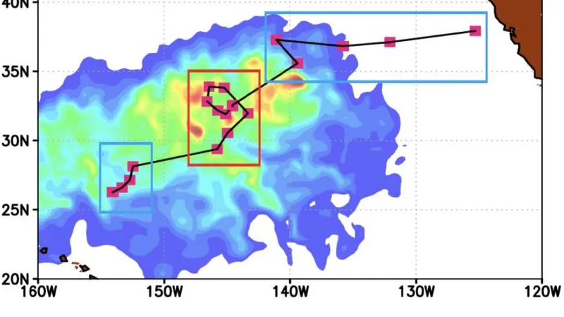 Mapa tichomořské plastové skvrny, červeně nejvyšší koncentrace života