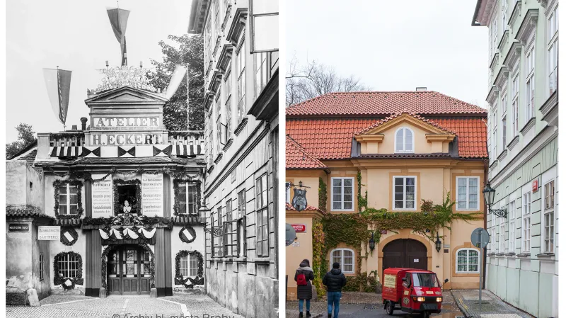 Dům čp. 464 v Novodvorské ulici (Hellichova) na Malé Straně - průčelí Eckertova fotografického ateliéru (Atelier H. Eckert c.k.dvorní a komorní fotograf) vyzdobené u příležitosti návštěvy císaře Františka Josefa I. Kolem roku 1900.