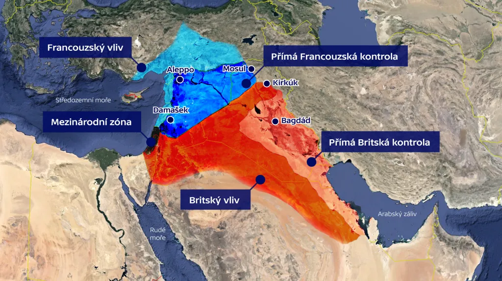 Sféry vlivu na Blízkém východě podle Sykes-Picotovy smlouvy