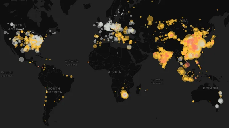Uhelné elektrárny. Růžové jsou nové nebo ve stavbě, žluté v provozu a bílé se budou brzy zavírat. Interaktivní verze zde.