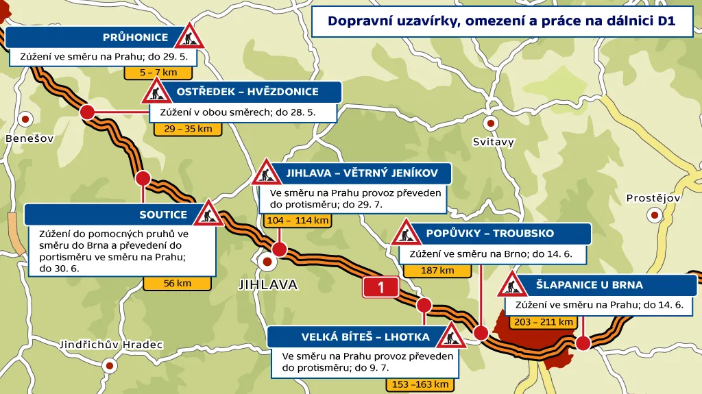 Dopravní uzavírky, omezení a práce na dálnici D1