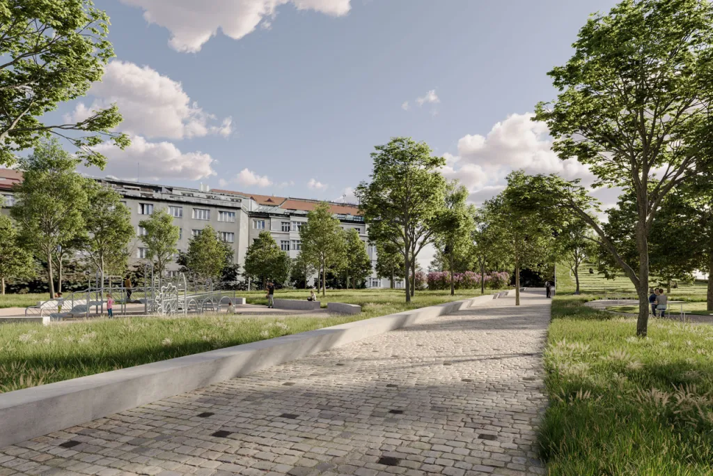 Diagonální cesta parkem dostala jméno Pietní. Protíná se na ní celá řada aktivit, které doplňují komplex funkcí nového památníku – uctění obětí, místo pro věnce, označení památníku i interaktivní mluvítko. Ve středu dětské zóny je instalována autorská herní plastika odkazující na symbol pražských Hradčan