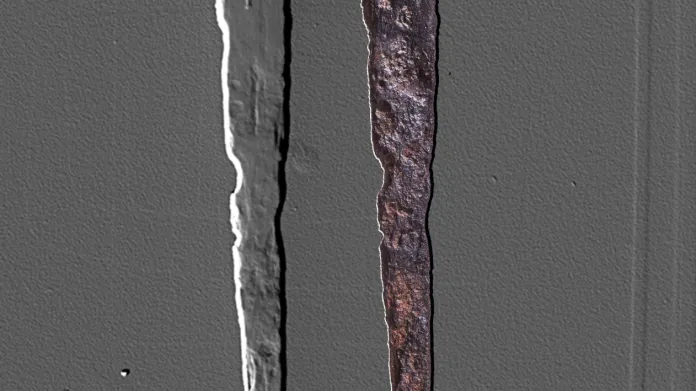Nalezený hřeb (vlevo rentgenový snímek, vpravo ve viditelném spektru)