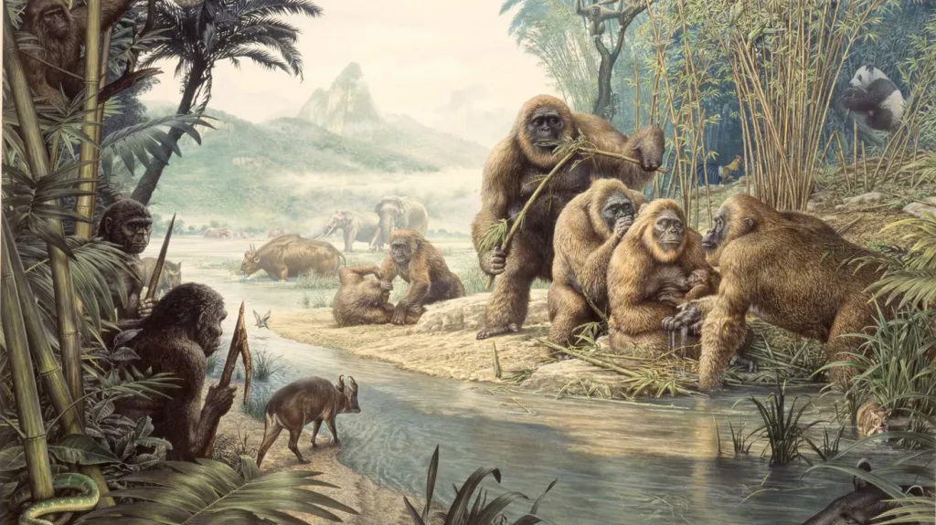 Umělecká představa o setkání zástupců Homo sapiens a gigantopitheků