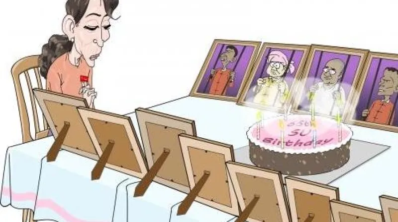 Karikatura barmského kreslíře Harn Laye - Su Ťij slaví 66. narozeniny