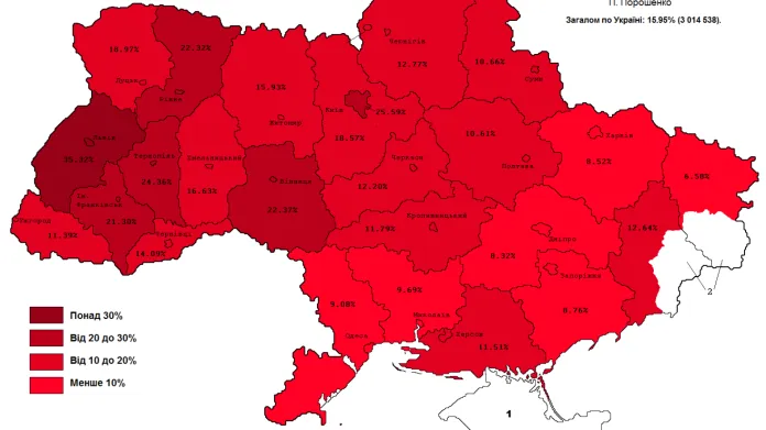Zisk Petra Porošenka v ukrajinských oblastech v prezidentských volbách v roce 2019
