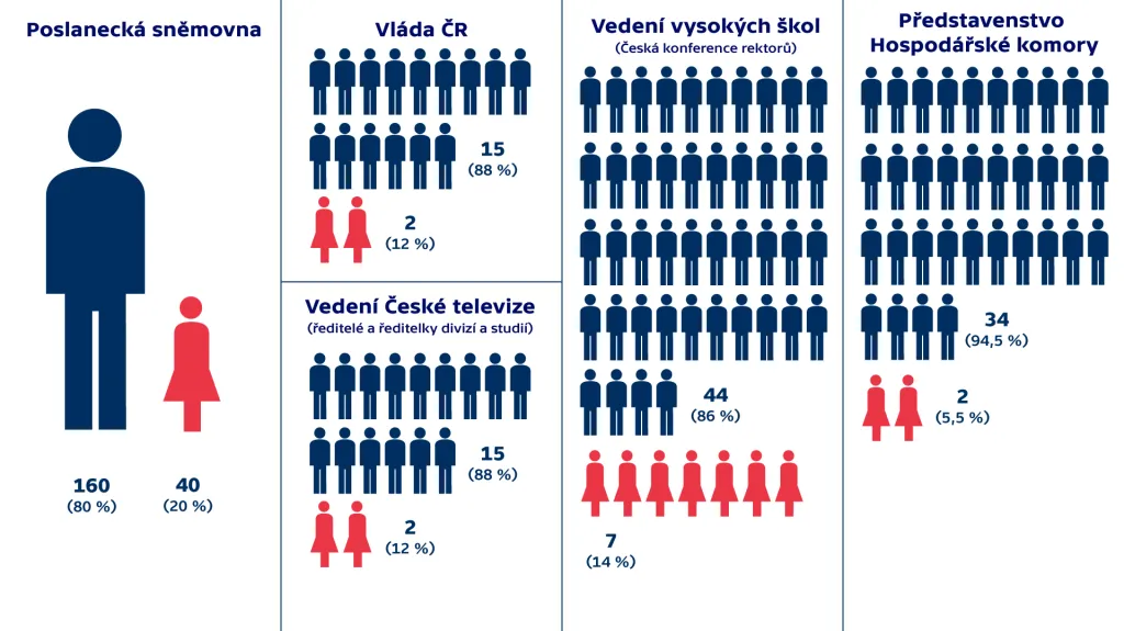 Poměr můžů a žen v důležitých institucích