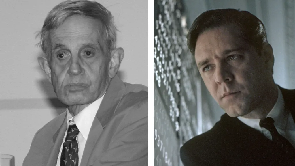 John Nash reálný (vlevo) a filmový v podání Russela Crowa (vpravo)