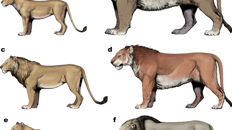 Srovnání jeskynních lvů: a) samice lva jeskynního z jeskyně Krystaleva b) samec ze Sambiru c) samice moderního lva perského d) samec lva jeskynního z Černihivu e) a f) samice a samec moderního afrického lva