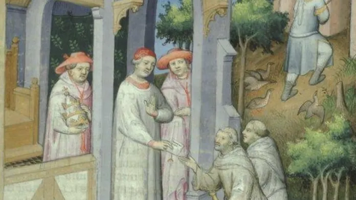 Setkání Odorika z Pordenone s papežem Janem XXII., zpodobněno na malbě ve středověkém rukopisu