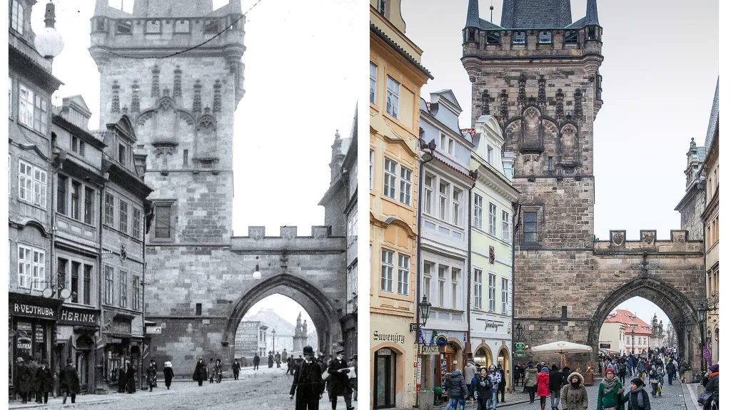 Malostranská mostecká věž a její brána zasazená mezi dvěma věžemi z Mostecké ulice. Vlevo snímek z roku 1911.