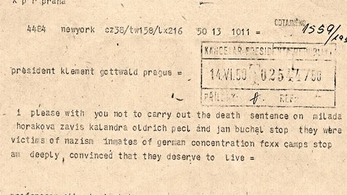 Telegram Alberta Einsteina Klementu Gottwaldovi s žádostí o omilostnění odsouzených