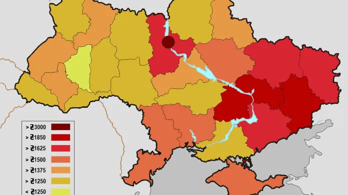 Rozdělení ukrajinských regionů dle výše platů