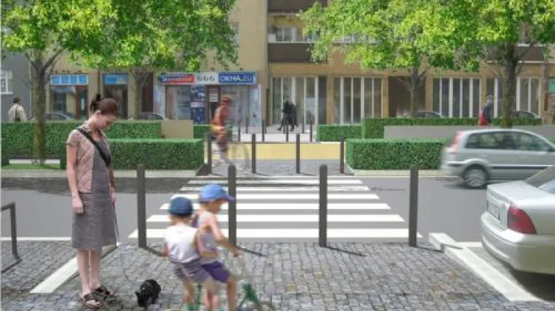 Ulice 5. května na vizualizaci poskytnuté Úřadem městské části Praha 4. Pražská magistrála by už za dva roky mohla mít místo šesti pouze pět pruhů. Prostřední by se využíval střídavě podle hustoty provozu pro cestu do centra či z centra. Lemovaly by ho pásy cyklostezek a zeleně.