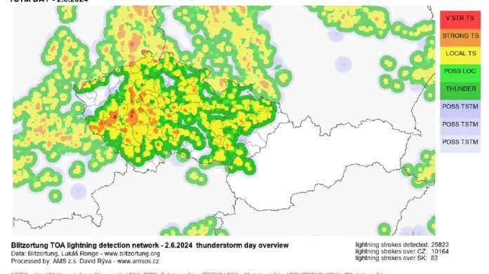 Počet blesků nad Českem v neděli 2. června 2024