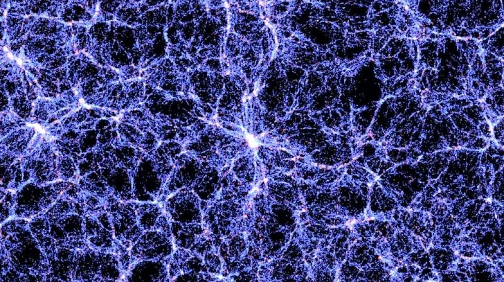 Schéma rozložení galaxií ve vesmíru, ovlivněné gravitací temné hmoty