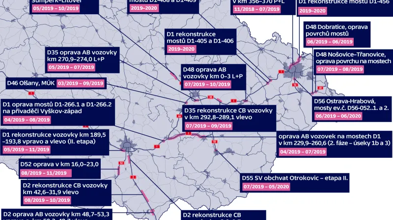 Přehled oprav na dálnicích v létě 2019 – Morava